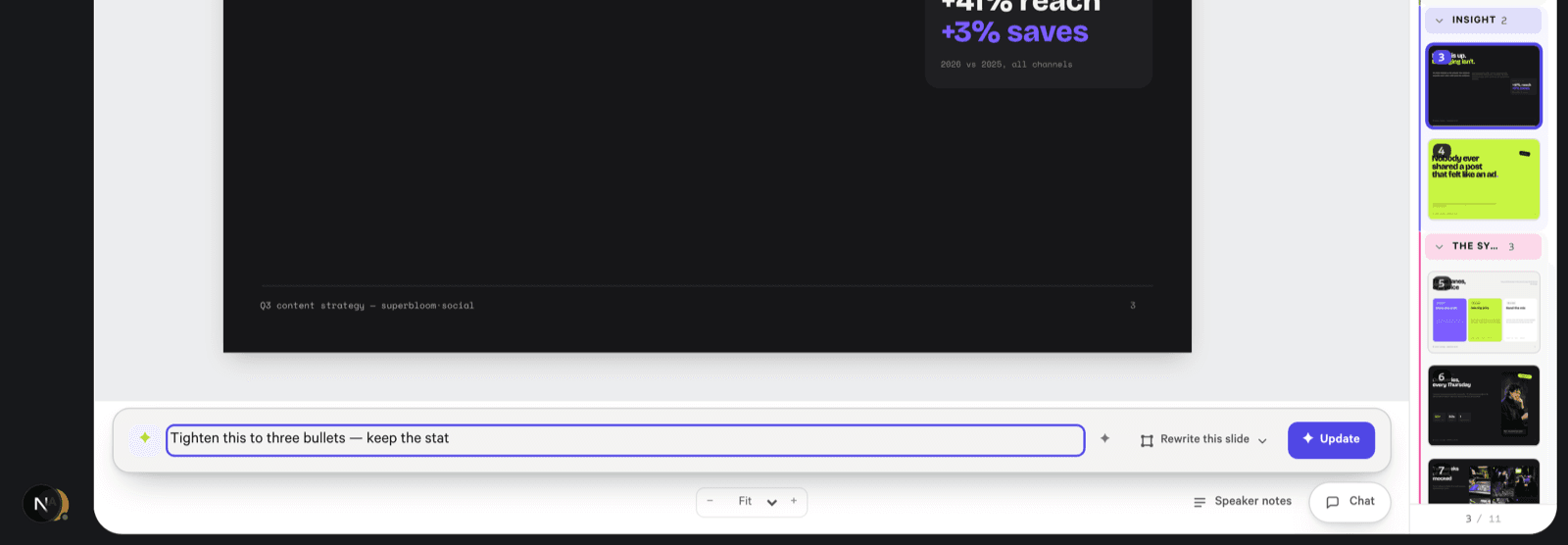 The ✦ Update composer open under the slide with an instruction typed in and the Rewrite-this-slide scope control beside the Update button
