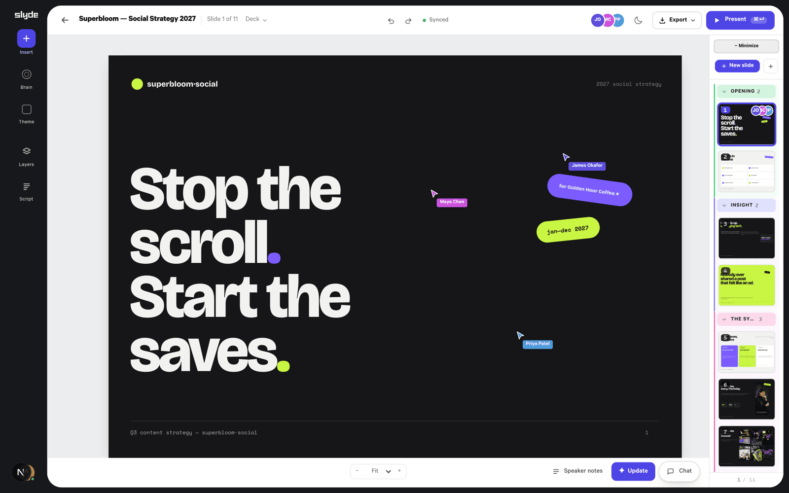 The deck editor: a dark cover slide on stage, the filmstrip on the right, the composer docked below, and a teammate’s named live cursor on the canvas