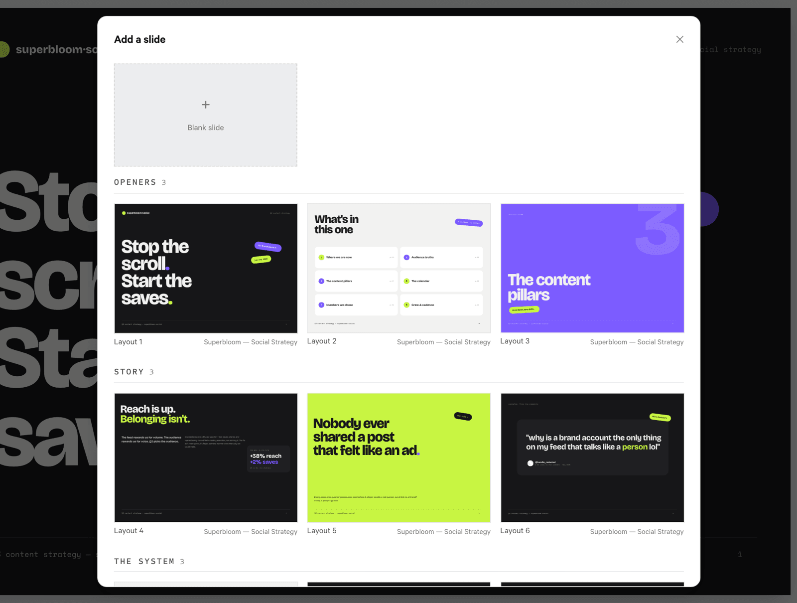 The Add a slide picker showing every layout of the theme as a preview tile, plus a blank slide