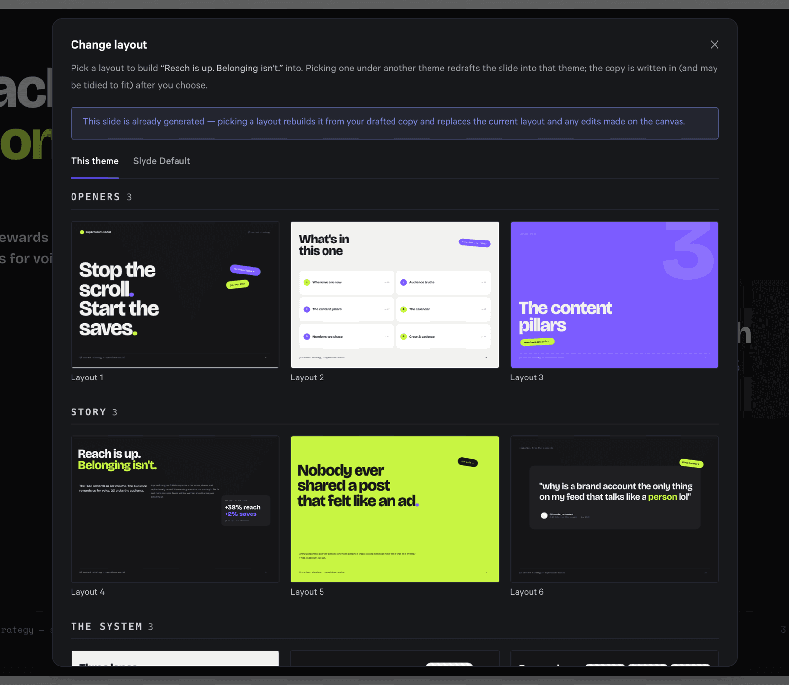 The Change layout dialog: pick a layout to rebuild the slide into, with every template shown as a preview tile