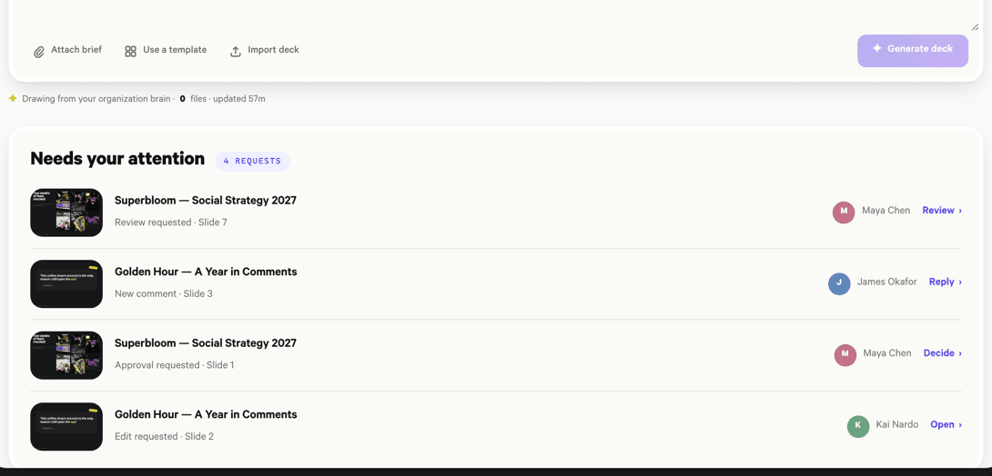 The Needs your attention panel: a review request, unresolved comments, an approval and an edit request, each on a named deck