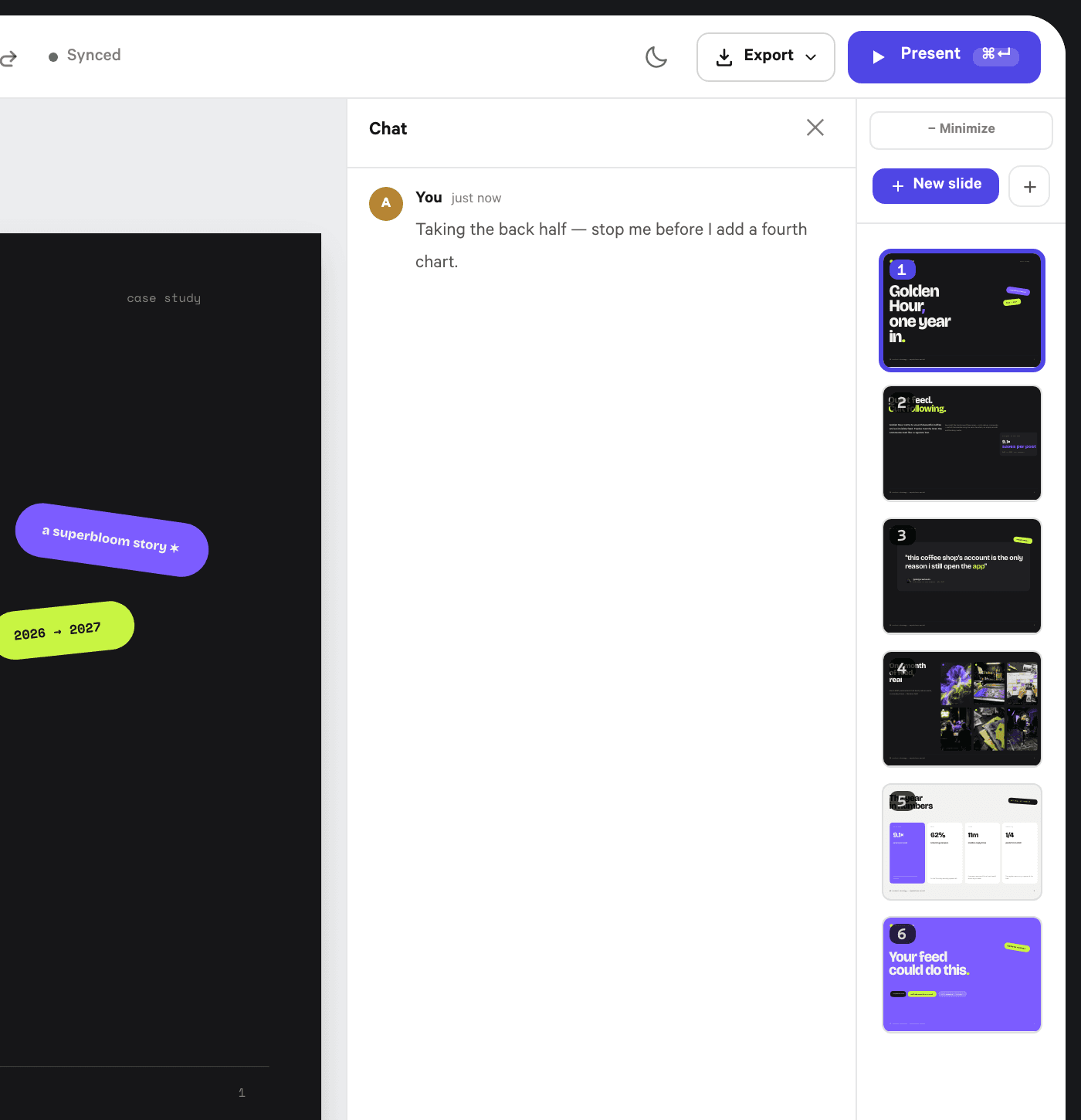 Slyde Chat docked in the editor with a message posted and a composer reading “Message — @ to mention, # to tag a slide”