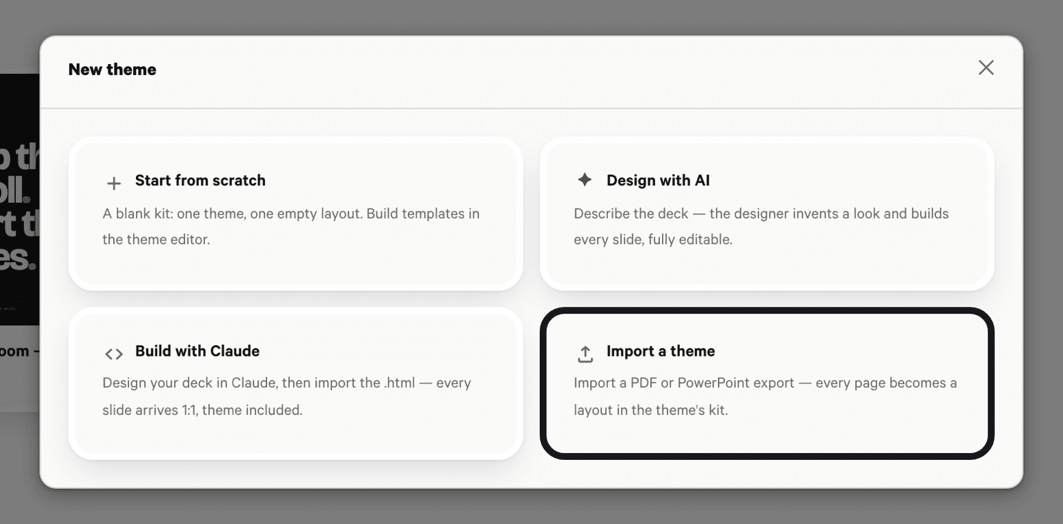The New theme dialog with four cards: Start from scratch, Design with AI, Build with HTML, Import a theme