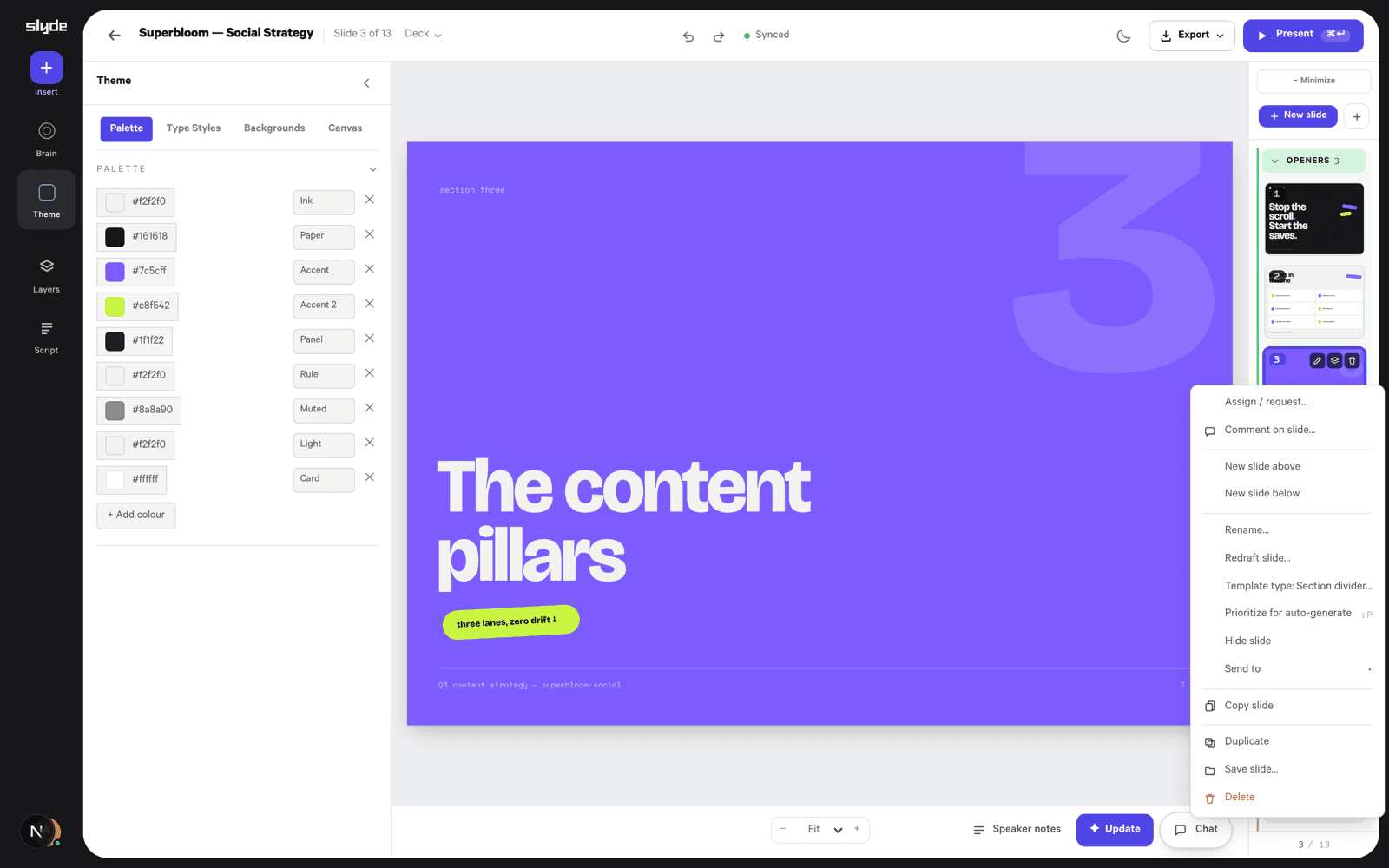 A layout’s menu in the theme editor: Assign/request, Comment on slide, Rename, Redraft slide, Template type, Prioritize for auto-generate, Hide slide and more