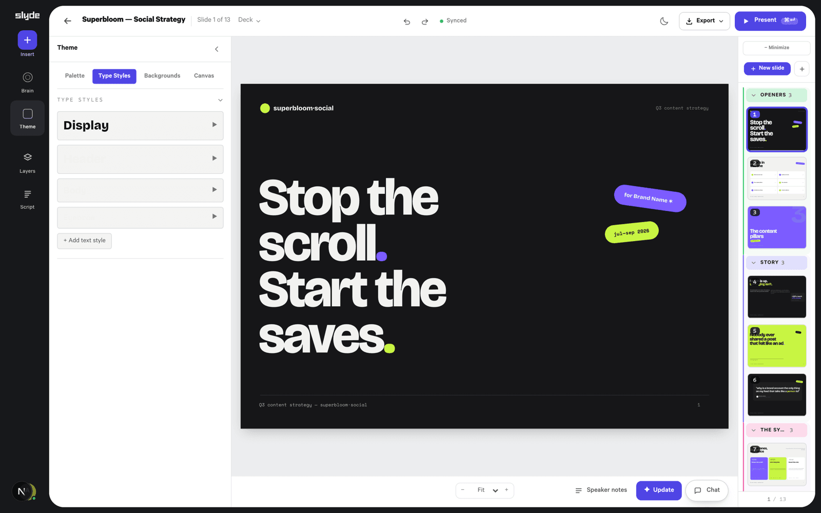 The theme editor with the Theme panel open on Type Styles — Display, Header, Body and a named Eyebrow style — with Palette, Backgrounds and Canvas tabs beside it