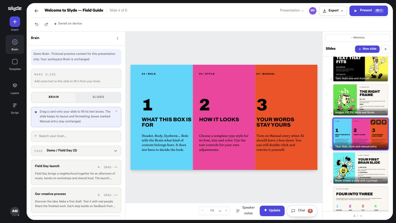 Slyde editor with Brain content alongside an editable presentation slide
